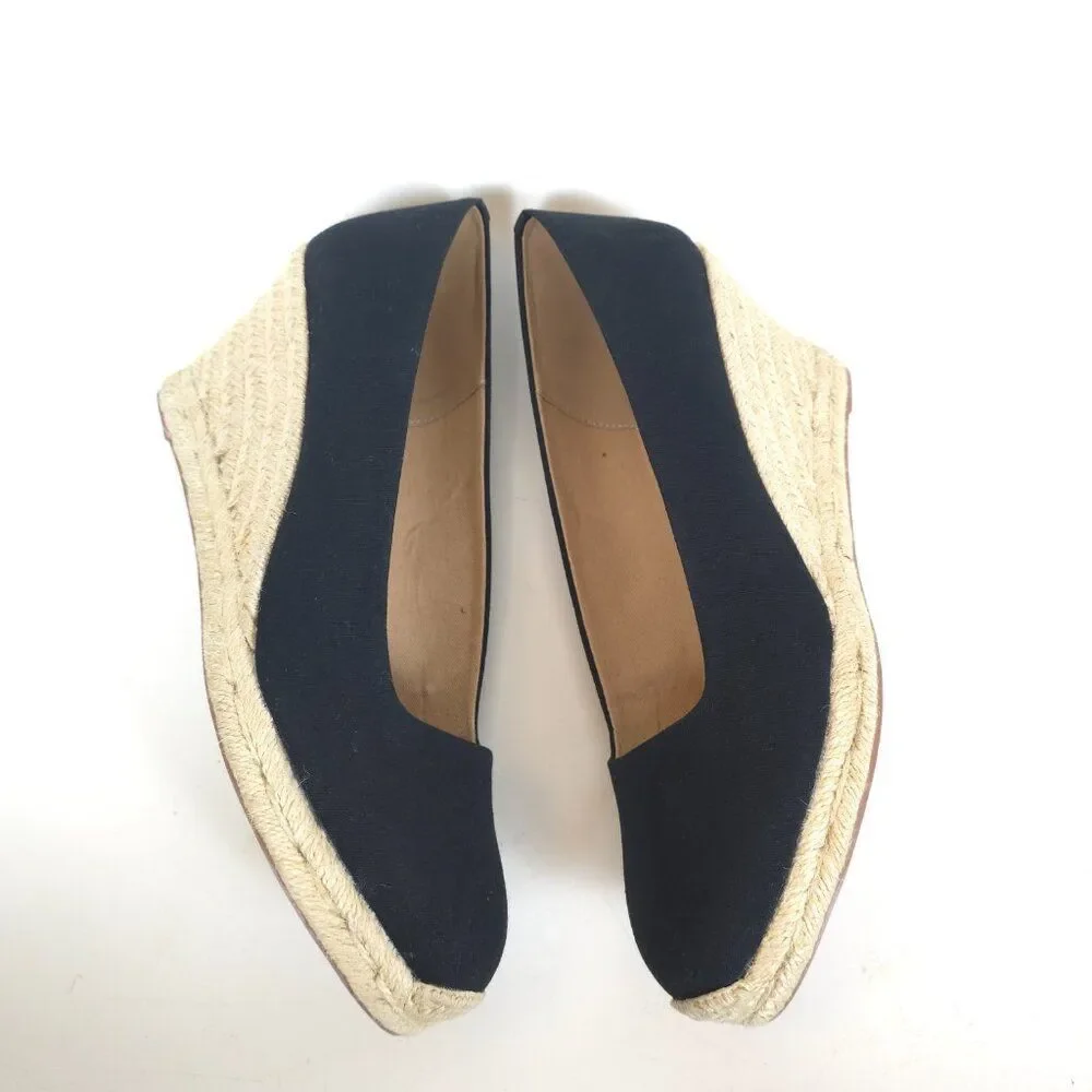 J.Crew Espadrille Wedge Shoes Black Cream Canvas Rope Heel Womens Size 12